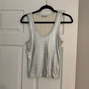 Zara Metallic Silver Scoop Neck Tank